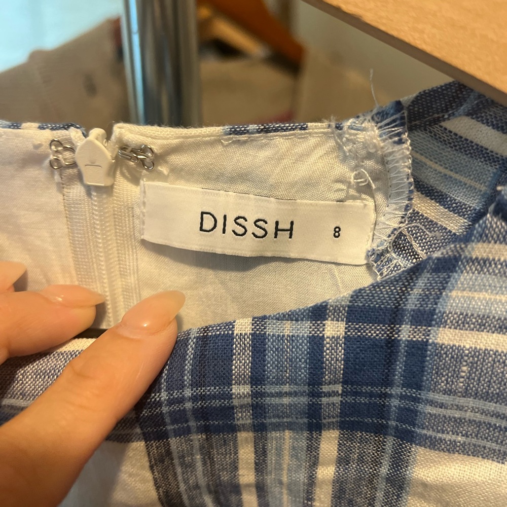 NWOT DISSH AYDEN BLUE PLAID LINEN SLEEVED CROP - 4 / BLUE - Picture 5 of 7